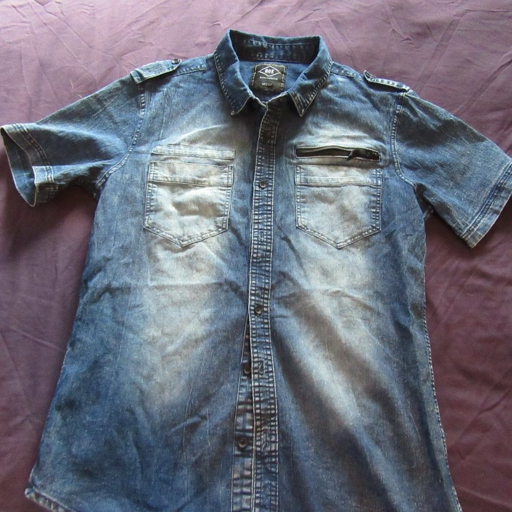Mens Rok Denim Short Sleeve Button Down Shirt Sz M